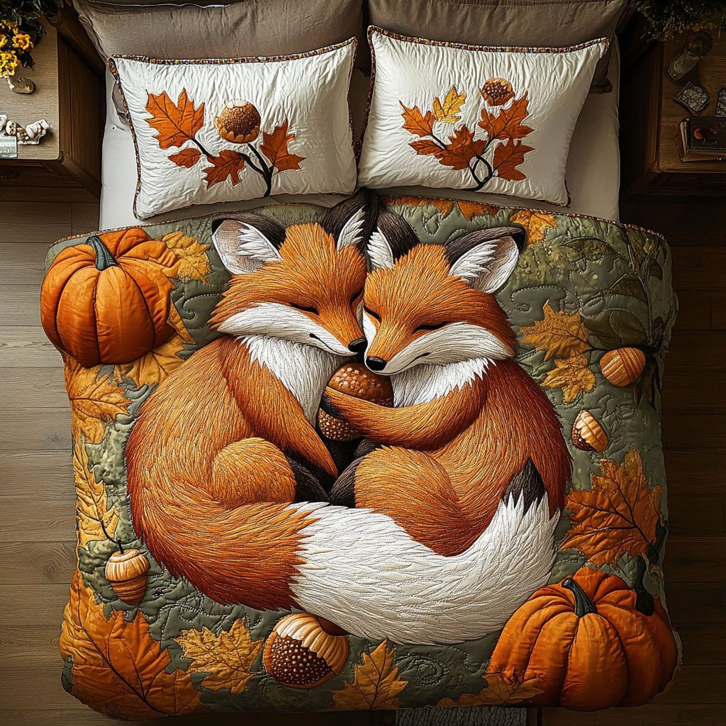 Woodland Fox Tales quilted 3-piece bedding set on a made bed with two matching pillow shams