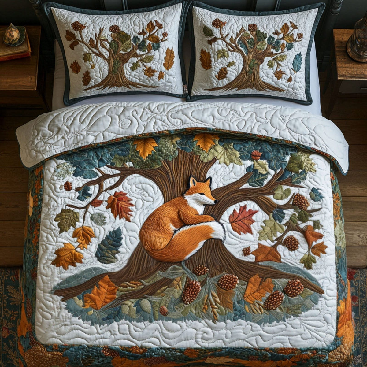Woodland Fox Tracks quilted 3-piece bedding set on a made bed with two matching pillow shams