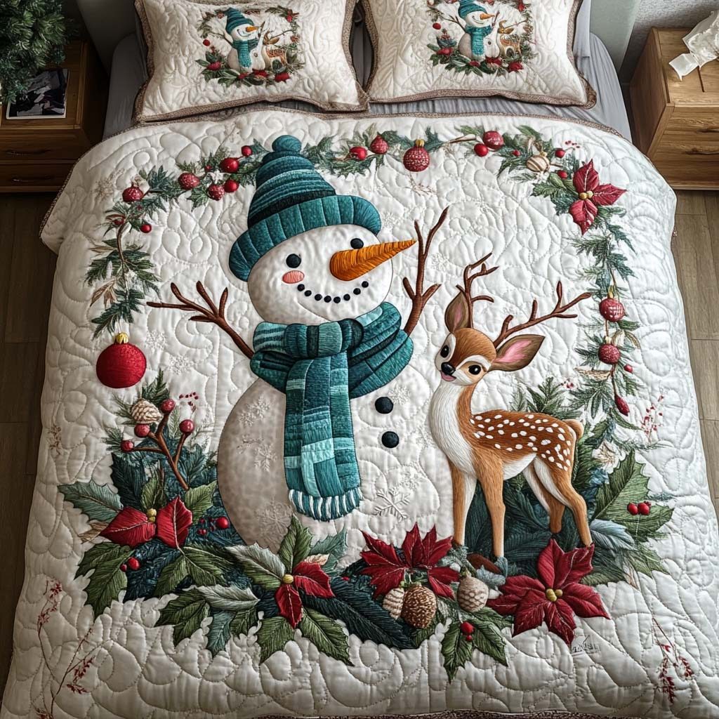 Woodland Frost quilted 3-piece bedding set on a made bed in a winter-styled bedroom