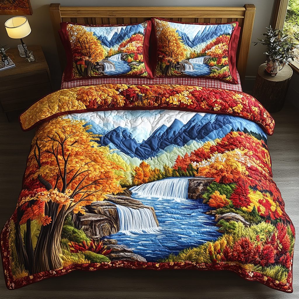 Woodland Glow quilted 3-piece bedding set on a made bed with two matching pillow shams