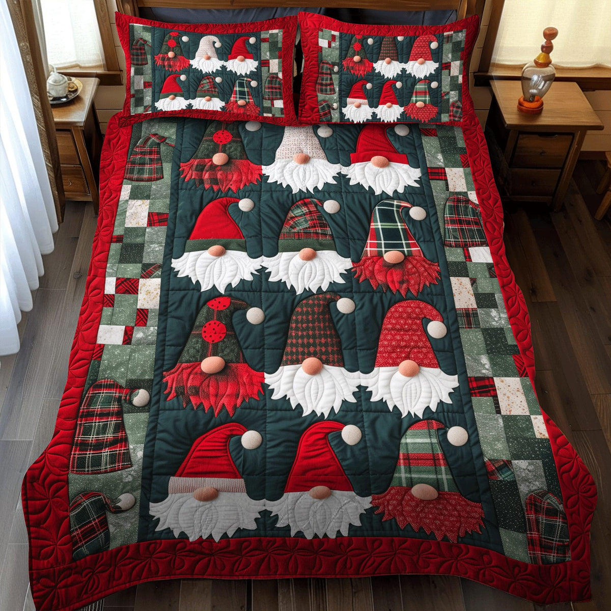 Woodland Gnome quilted 3-piece bedding set on a made bed in a winter-styled bedroom