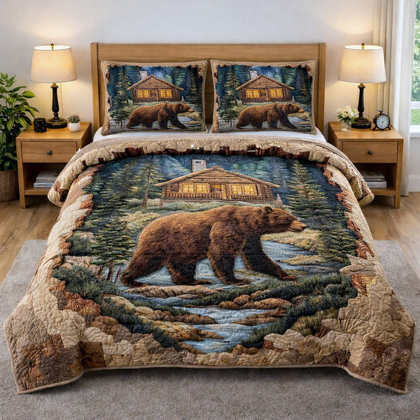 Woodland Guardian quilted 3-piece bedding set on a made bed with two matching pillow shams