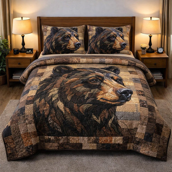 Woodland Guardian quilted 3-piece bedding set on a made bed with two matching pillow shams