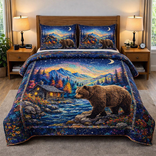Woodland Guardian quilted 3-piece bedding set on a made bed with two matching pillow shams