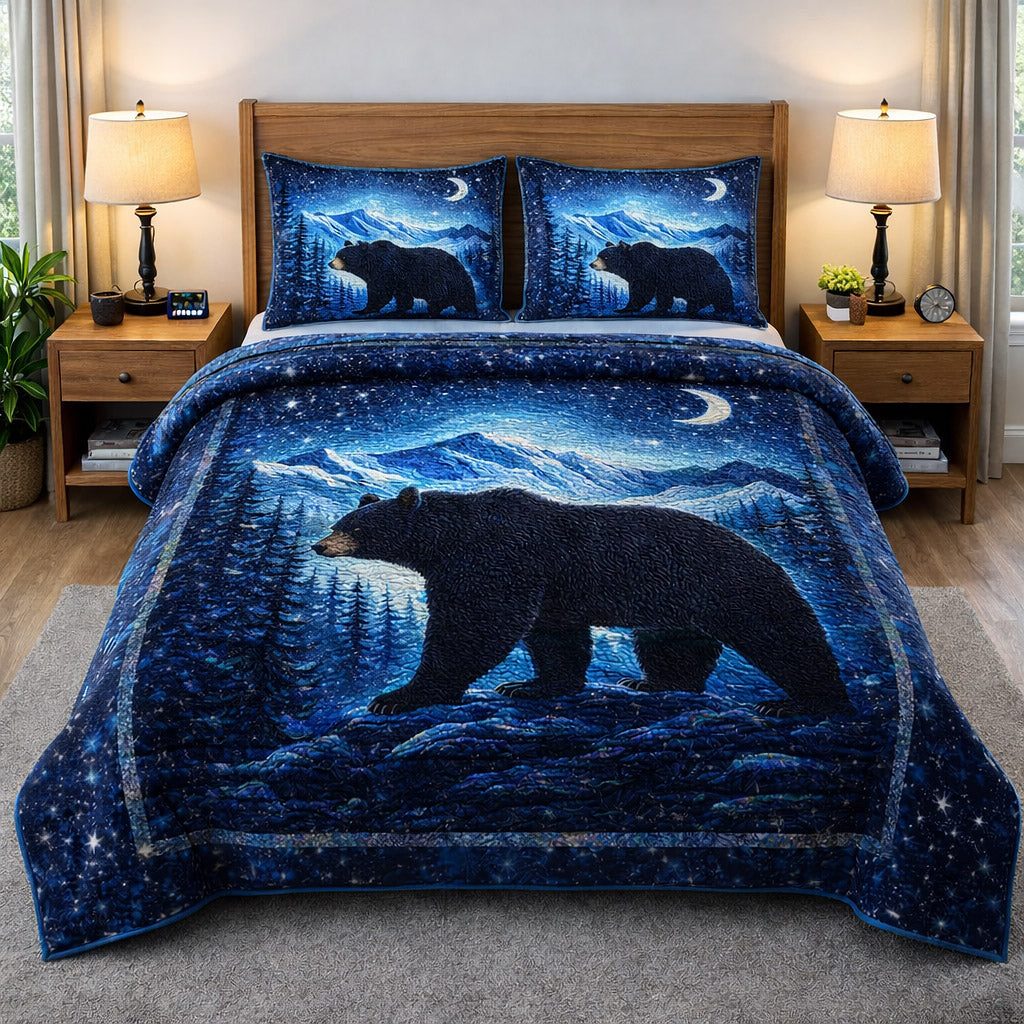 Woodland Guardian quilted 3-piece bedding set on a made bed with two matching pillow shams