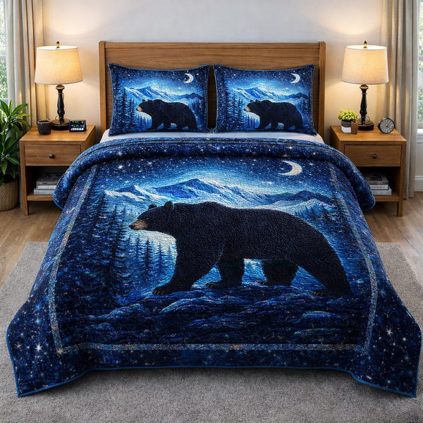 Woodland Guardian quilted 3-piece bedding set on a made bed with two matching pillow shams