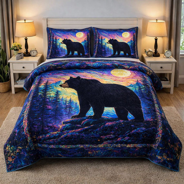 Woodland Guardian quilted 3-piece bedding set on a made bed with two matching pillow shams
