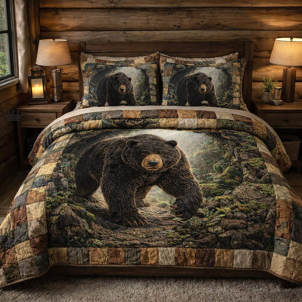 Woodland Guardian quilted 3-piece bedding set on a made bed with two matching pillow shams