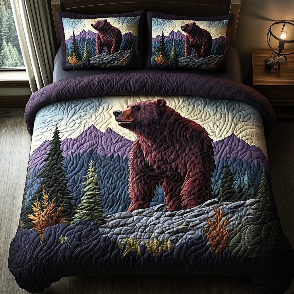 Woodland Guardian quilted 3-piece bedding set on a made bed with two matching pillow shams