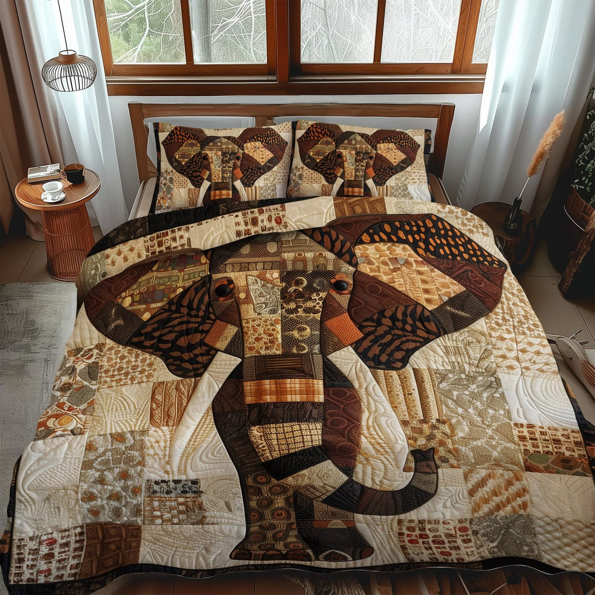 Woodland Harmony Elephant quilted 3-piece bedding set on a made bed with two matching pillow shams