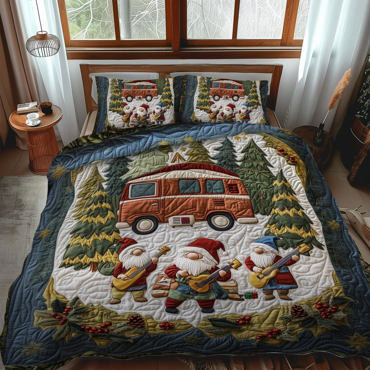 Woodland Harmony quilted 3-piece bedding set on a made bed with two matching pillow shams