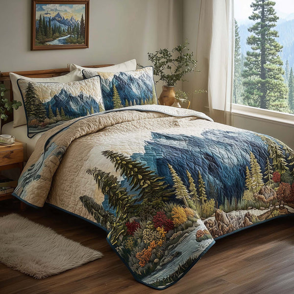 Woodland Haven quilted 3-piece bedding set on a made bed with two matching pillow shams