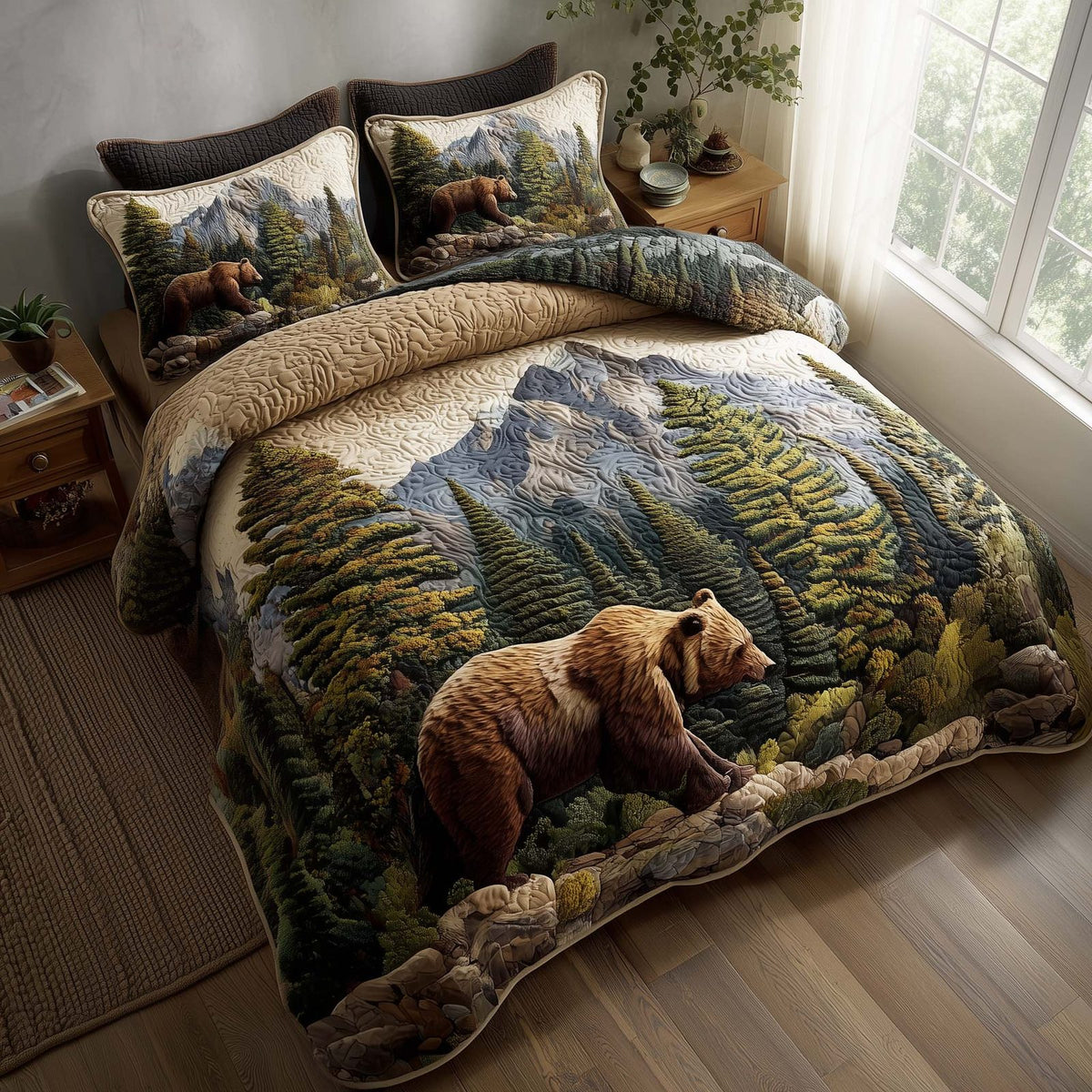 Woodland Haven quilted 3-piece bedding set on a made bed with two matching pillow shams