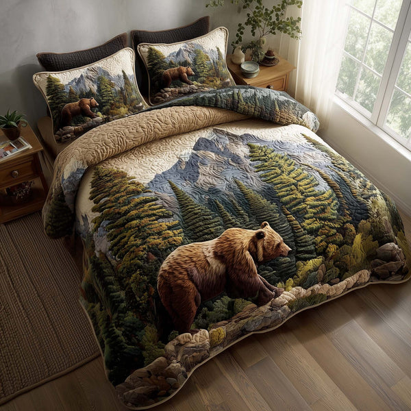 Woodland Haven quilted 3-piece bedding set on a made bed with two matching pillow shams