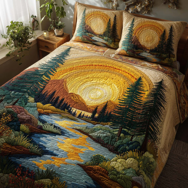 Woodland Haven quilted 3-piece bedding set on a made bed with two matching pillow shams