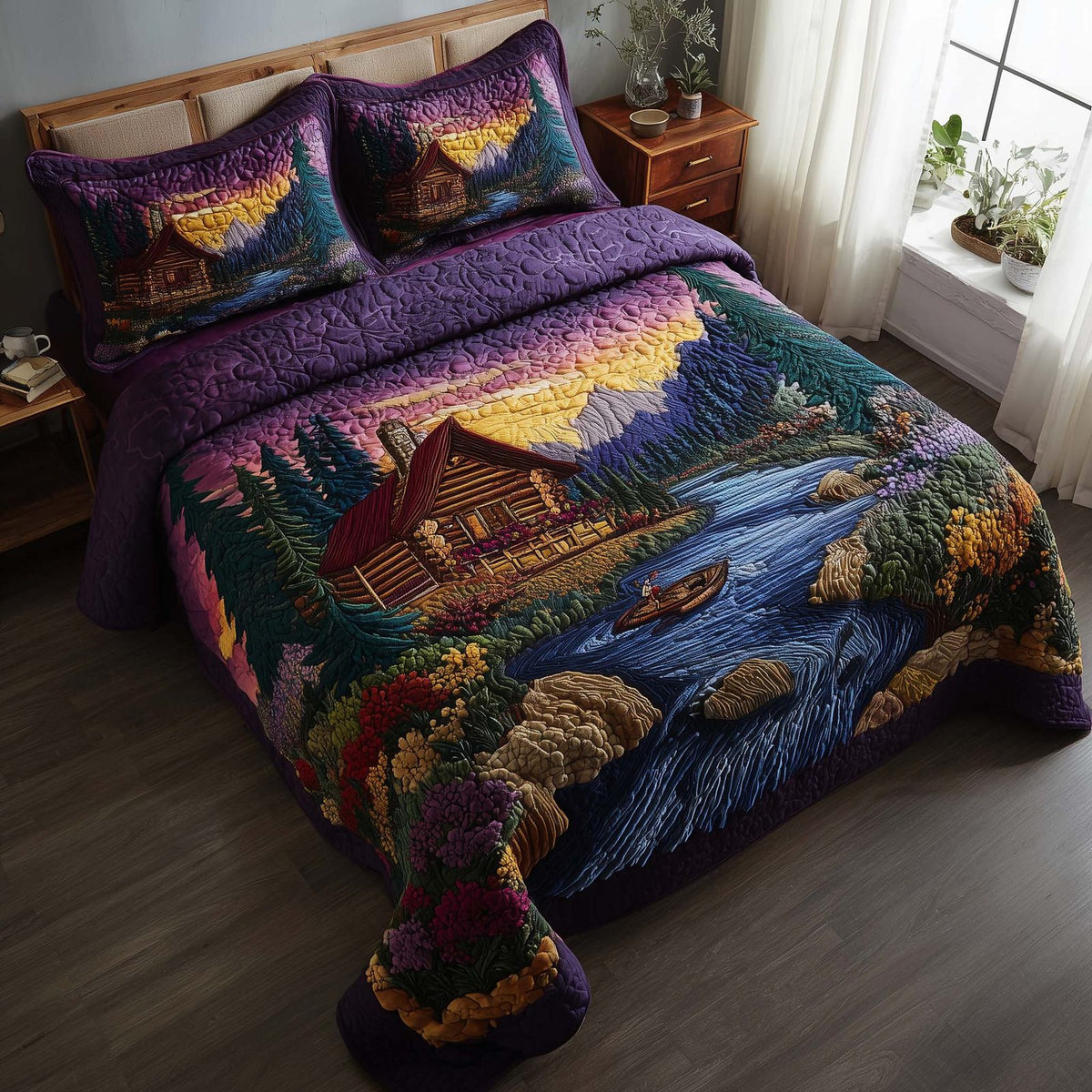 Woodland Haven quilted 3-piece bedding set on a made bed with two matching pillow shams