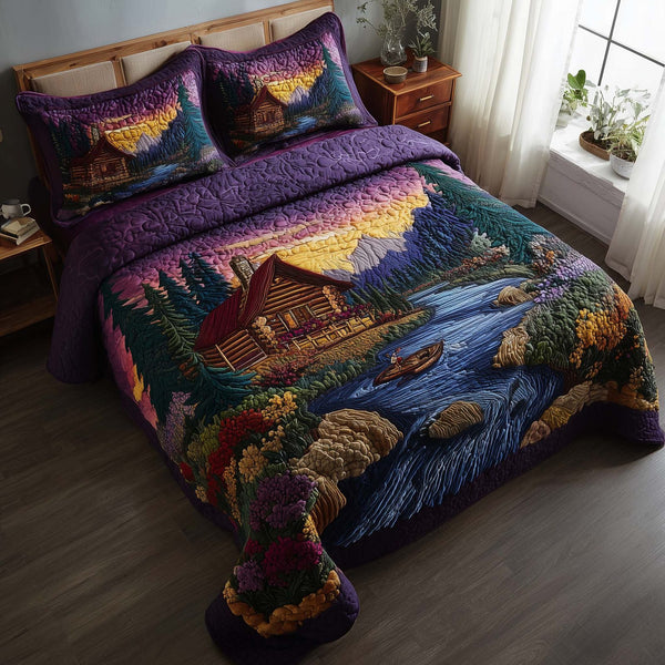 Woodland Haven quilted 3-piece bedding set on a made bed with two matching pillow shams