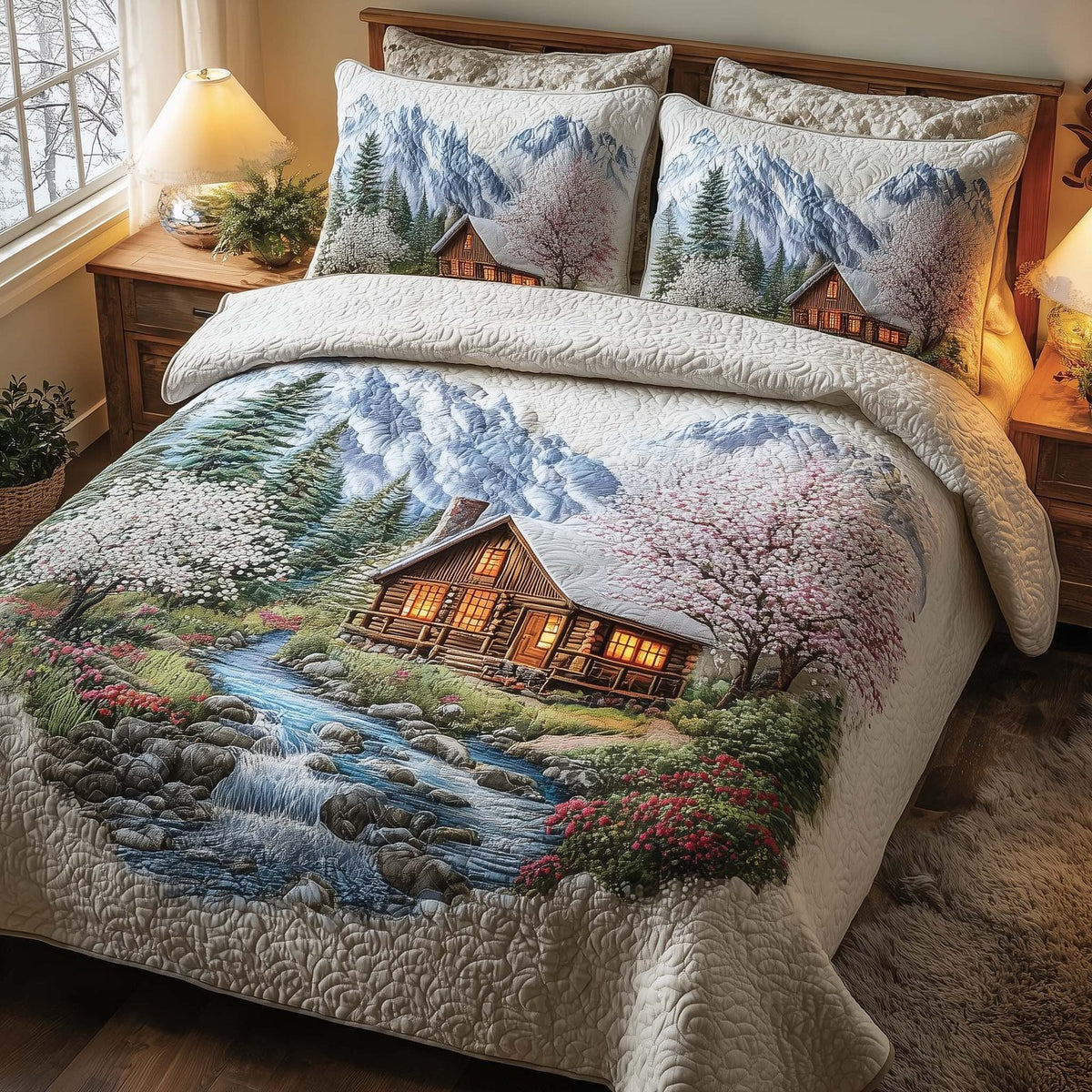 Woodland Haven quilted 3-piece bedding set on a made bed with two matching pillow shams