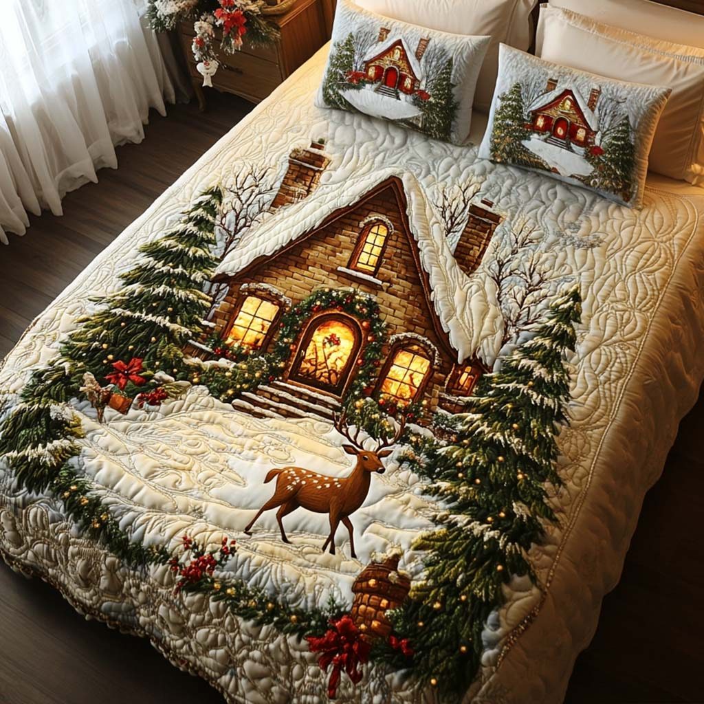 Woodland Haven quilted 3-piece bedding set on a made bed with two matching pillow shams