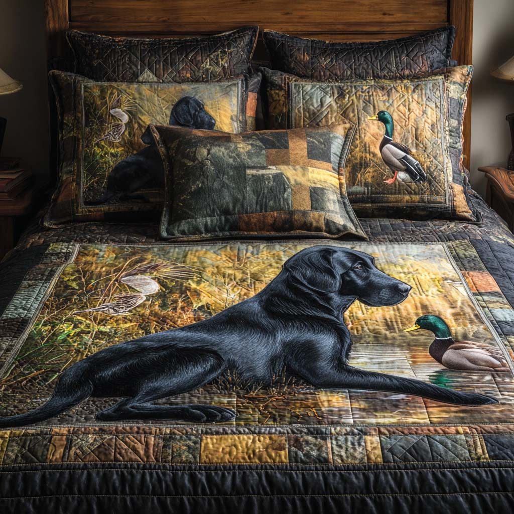 Woodland Hunter quilted 3-piece bedding set on a made bed with two matching pillow shams
