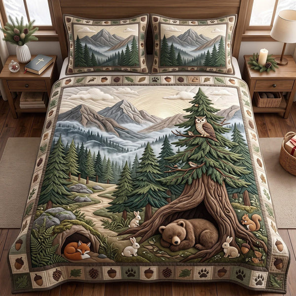 Woodland Journey quilted 3-piece bedding set on a made bed with two matching pillow shams