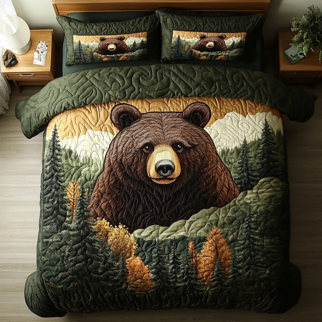 Woodland King quilted 3-piece bedding set on a made bed with two matching pillow shams