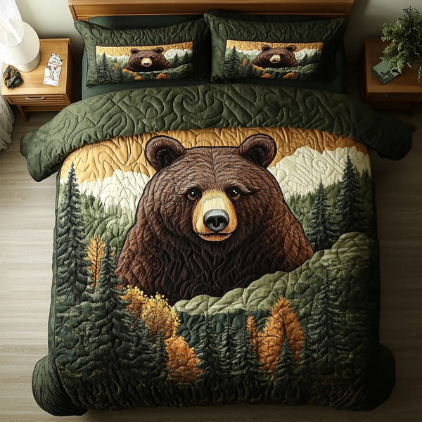Woodland King quilted 3-piece bedding set on a made bed with two matching pillow shams