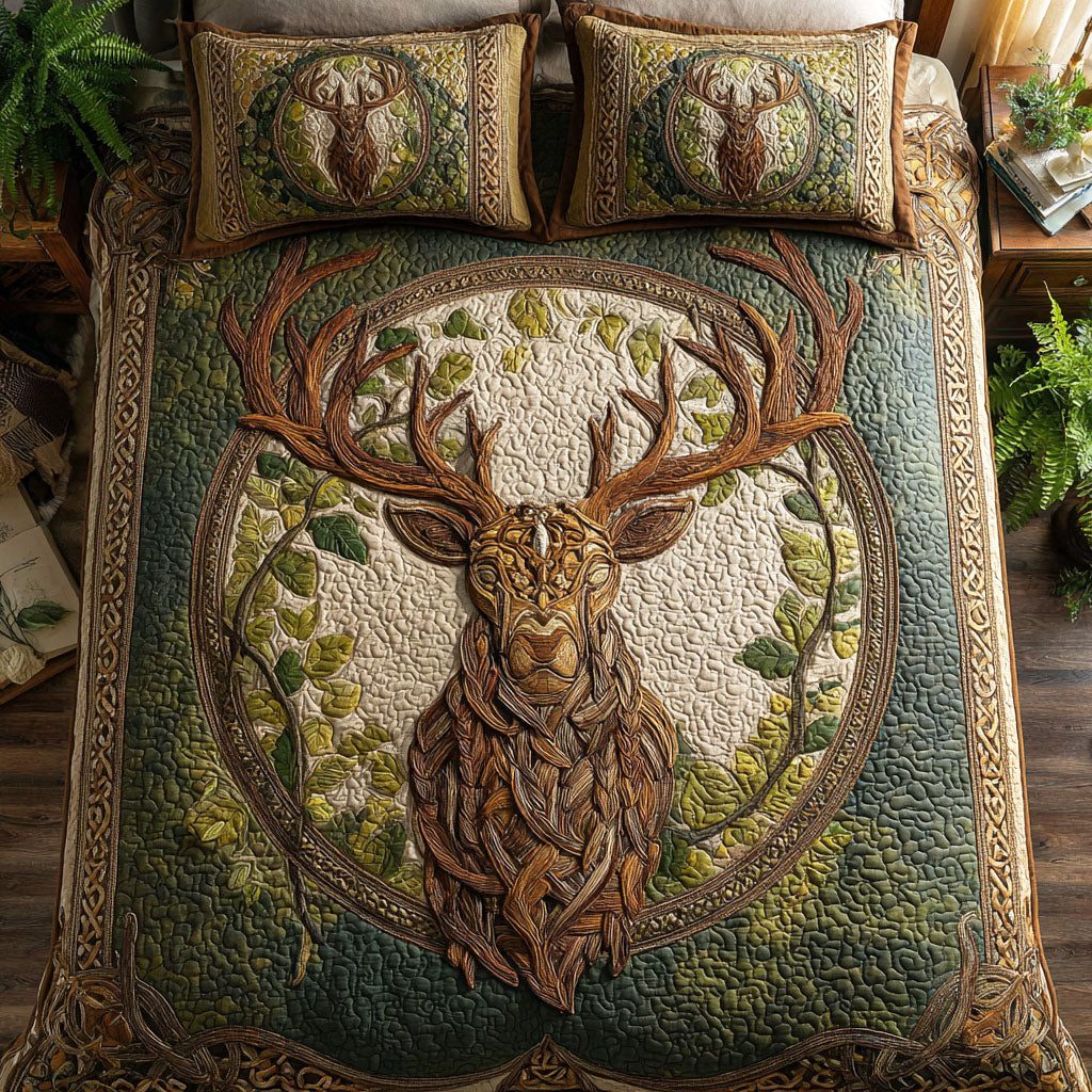 Woodland King quilted 3-piece bedding set on a made bed with two matching pillow shams