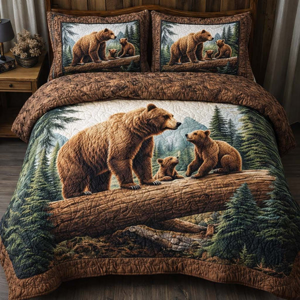 Woodland Lesson quilted 3-piece bedding set on a made bed with two matching pillow shams