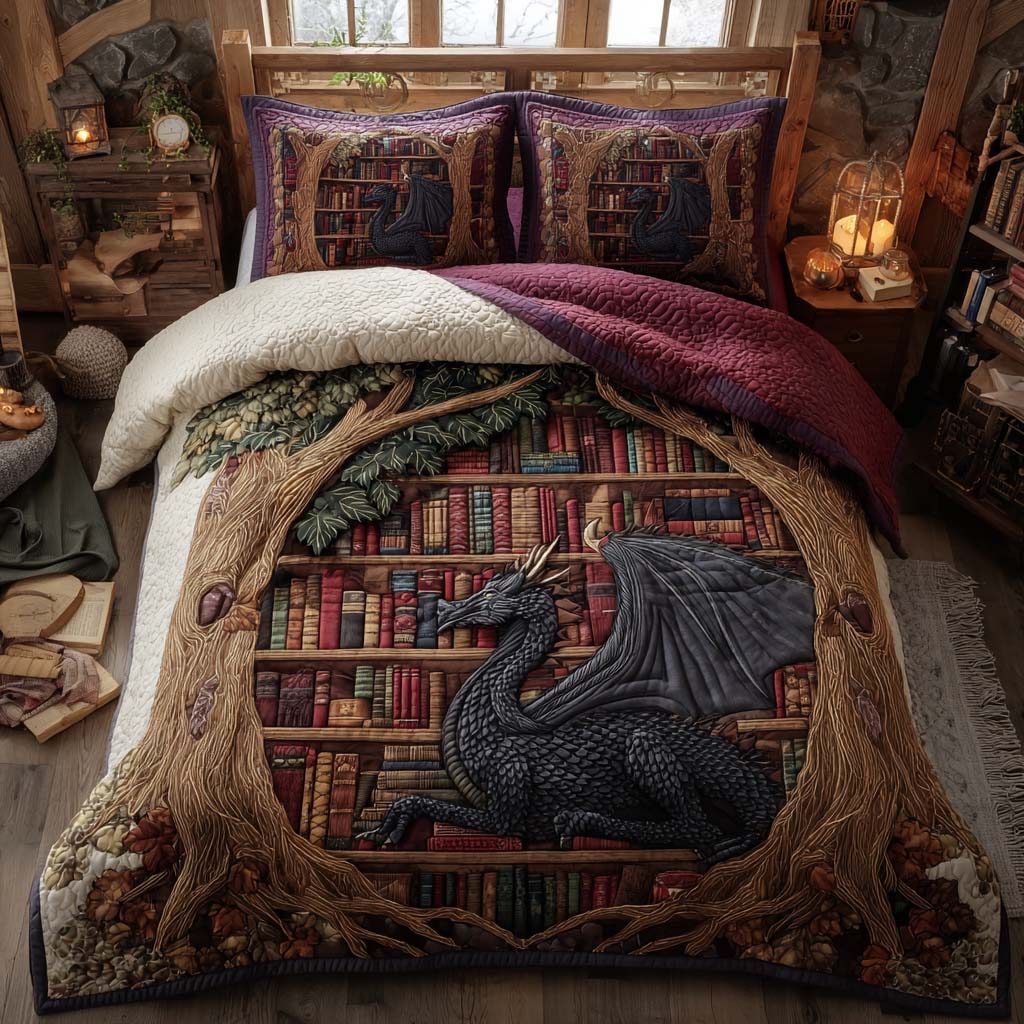Woodland Library Retreat quilted 3-piece bedding set on a made bed with two matching pillow shams