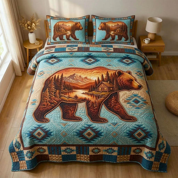 Woodland Lodge quilted 3-piece bedding set on a made bed with two matching pillow shams