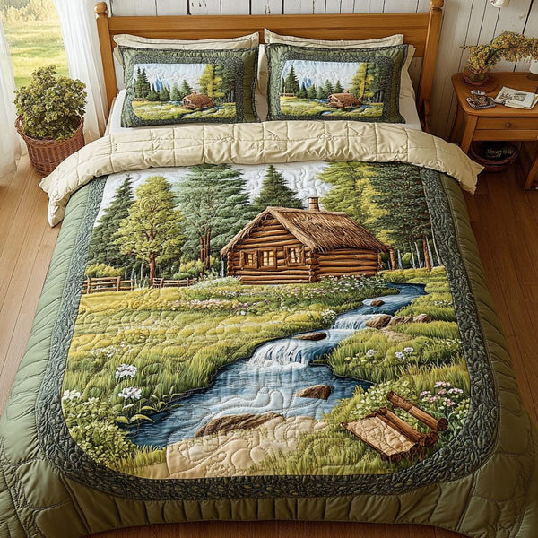 Woodland Lodge quilted 3-piece bedding set on a made bed with two matching pillow shams