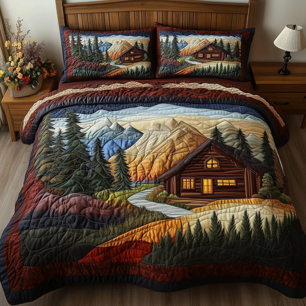 Woodland Log Cabin quilted 3-piece bedding set on a made bed with two matching pillow shams