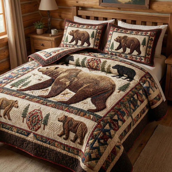 Woodland Majesty quilted 3-piece bedding set on a made bed with two matching pillow shams