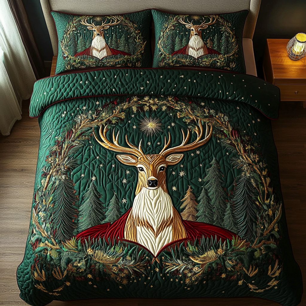 Woodland Majesty quilted 3-piece bedding set on a made bed with two matching pillow shams