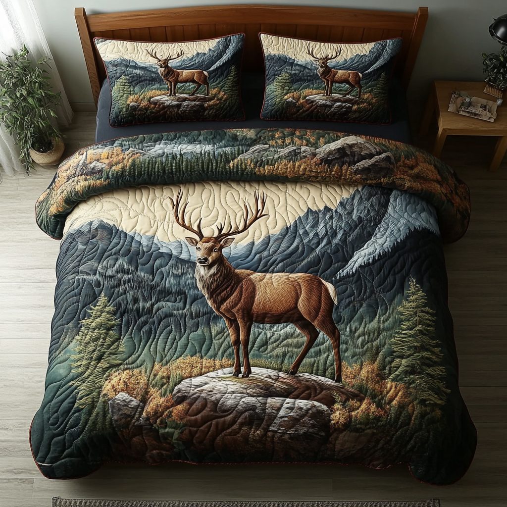 Woodland Majesty quilted 3-piece bedding set on a made bed with two matching pillow shams