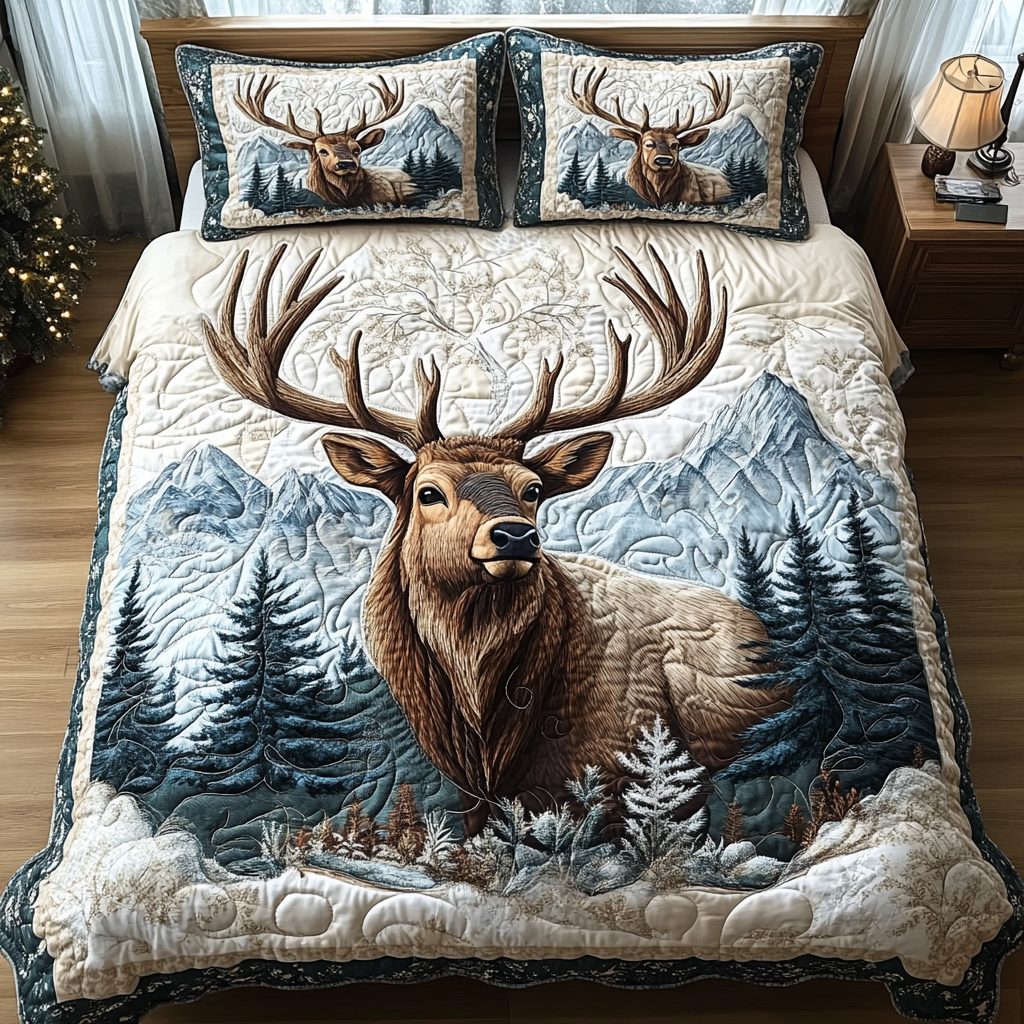 Woodland Majesty quilted 3-piece bedding set on a made bed with two matching pillow shams