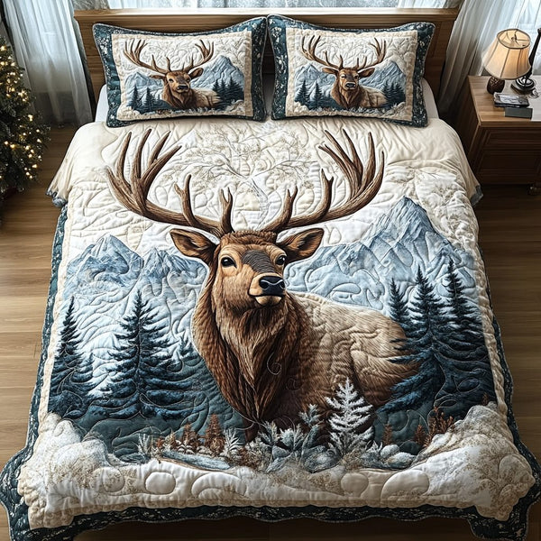 Woodland Majesty quilted 3-piece bedding set on a made bed with two matching pillow shams