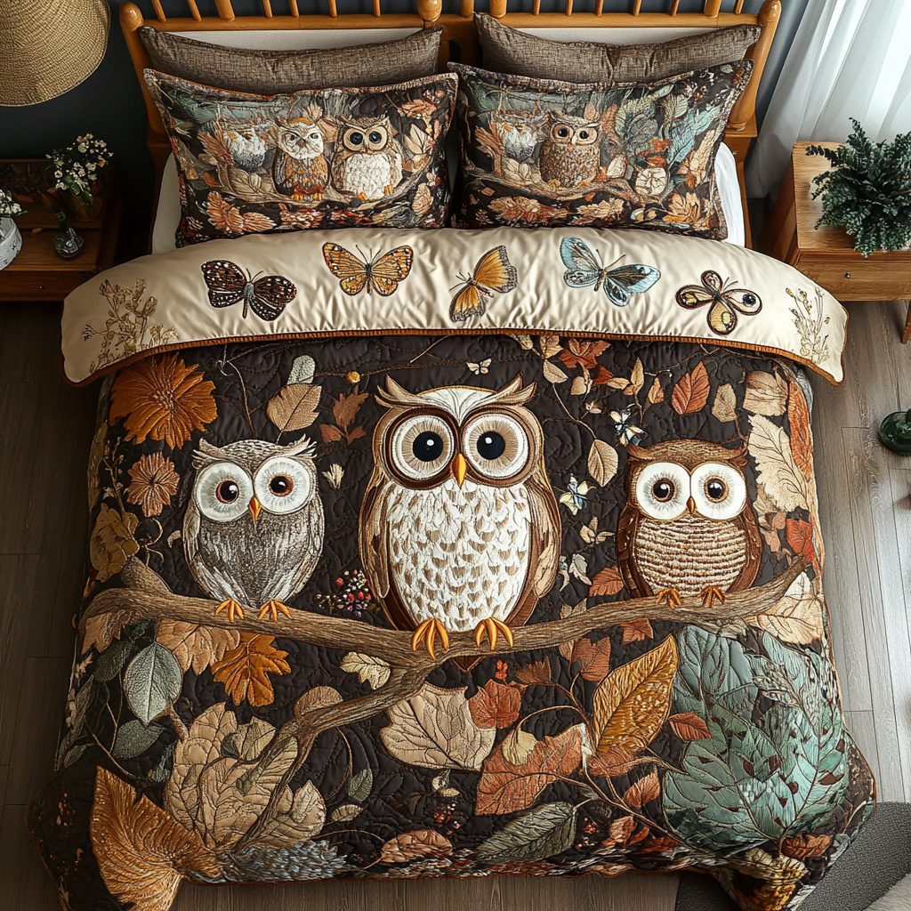 Woodland Nest quilted 3-piece bedding set on a made bed with two matching pillow shams