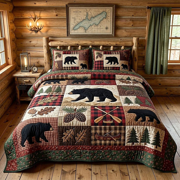 Woodland Patchwork quilted 3-piece bedding set on a made bed in a farmhouse bedroom