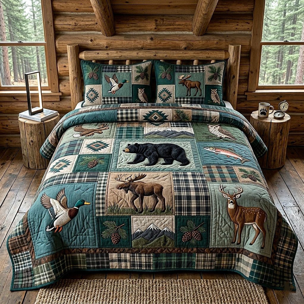 Woodland Patchwork quilted 3-piece bedding set on a made bed in a farmhouse bedroom