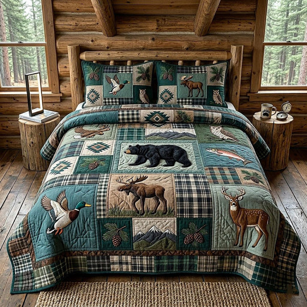 Woodland Patchwork quilted 3-piece bedding set on a made bed in a farmhouse bedroom