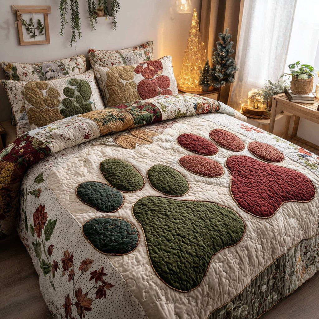 Woodland Paws quilted 3-piece bedding set on a made bed with two matching pillow shams