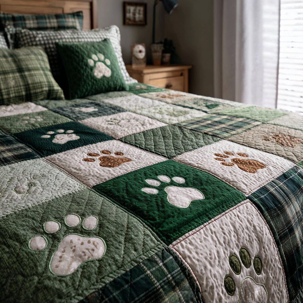 Woodland Paws quilted 3-piece bedding set on a made bed with two matching pillow shams