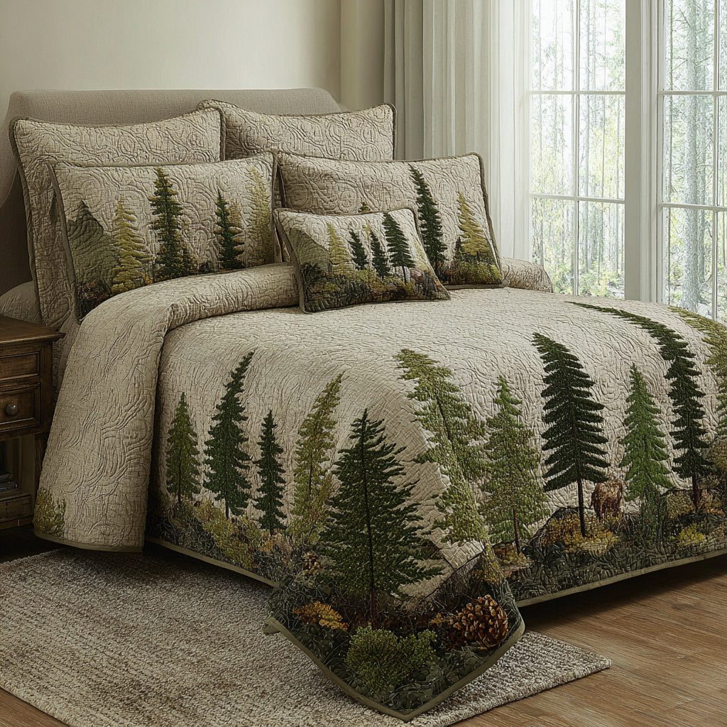 Woodland Peace quilted 3-piece bedding set on a made bed with two matching pillow shams