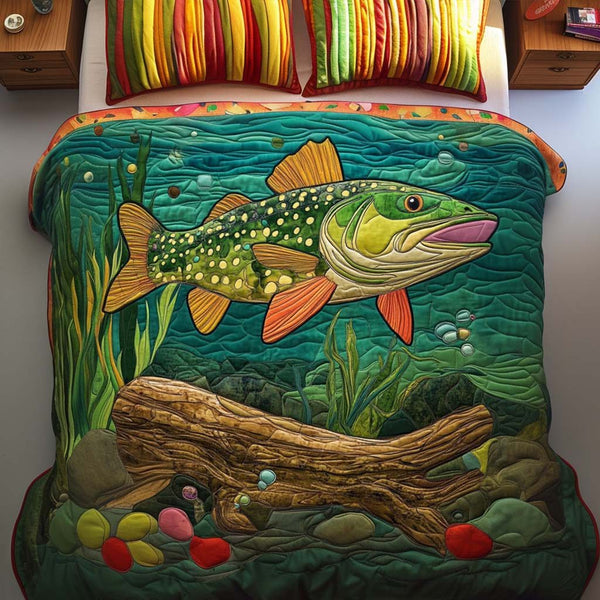 Woodland Pike quilted 3-piece bedding set on a made bed with two matching pillow shams