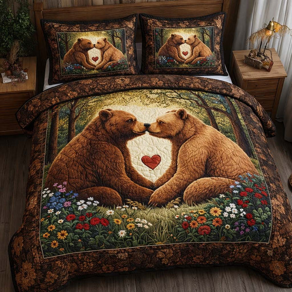 Woodland Promise quilted 3-piece bedding set on a made bed with two matching pillow shams