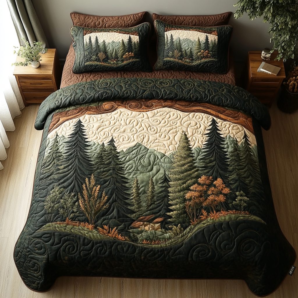 Woodland quilted 3-piece bedding set on a made bed with two matching pillow shams