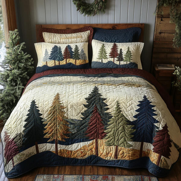 Woodland Retreat quilted 3-piece bedding set on a made bed with two matching pillow shams