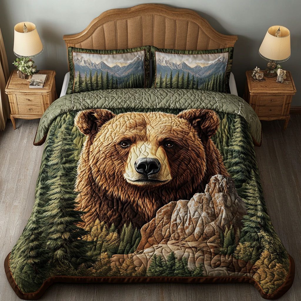 Woodland Retreat quilted 3-piece bedding set on a made bed with two matching pillow shams